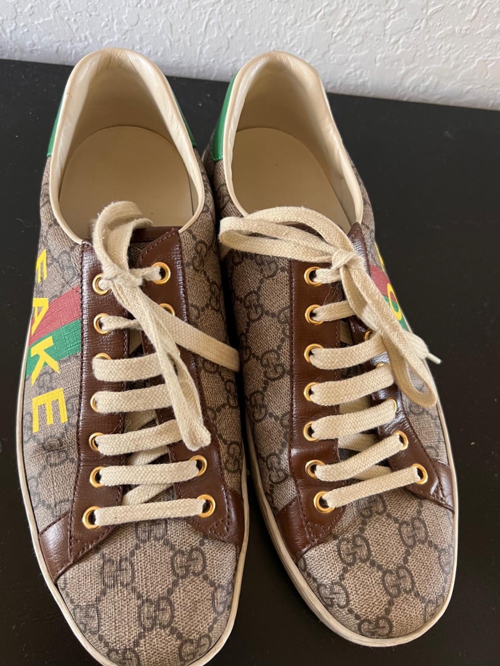 Gucci Brown GG Canvas Sneakers with Multicolor Stripe and Cream Laces